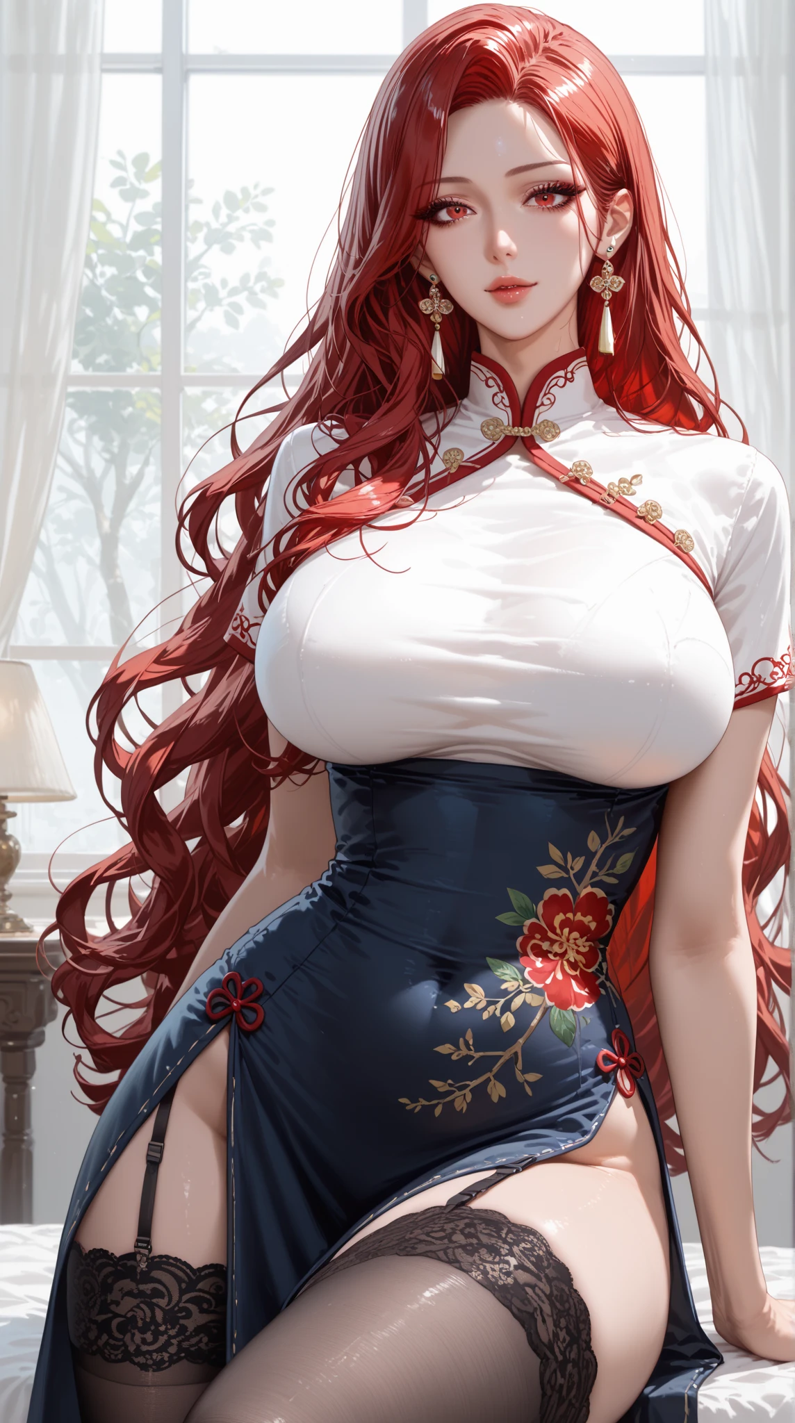 Masterpiece:1.2, Best quality), Realistic, (Real picture, Intricate details, Depth of field), (1girll, Solo), make up, parted lip, highly detailed, Perfect face,
(Huge breasts:1.4), (skin indentation), Wide hips, Small waist, Tall, glossy coral lips,
red hair, Red eyes, pony tails,
(Transparent clothing), (drenched clothes)(full of sweat:1.2), Sexy, Blushing,