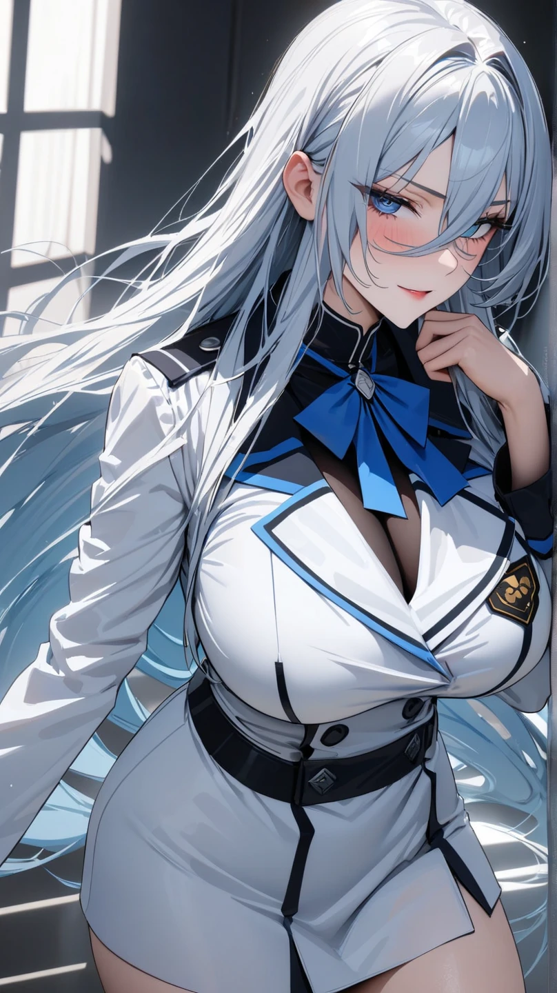 woman, gal, Blue bunny suit , ,White pantyhose , White hair, long ponytail,