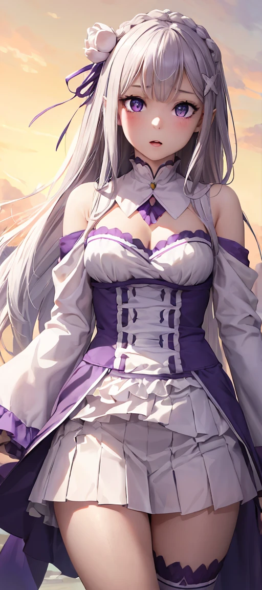 milf, 30 years old, (highres, masterpiece:1.2), white hair, robe, purple robe, (large breasts), thick thighs, standing, pelvic curtain, tiara, thighhighs, v-neck, strapless dress, blue eyes, expressionless, long hair, (layered dress, elaborate clothing, detailed clothing, detailed dress), castle in background, cape, smile