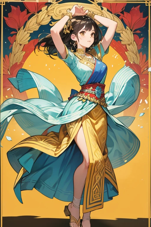An ancient Chinese beauty with gorgeous costumes embroidered with intricate embroidery, with transparent colorful streamers tied around her arms, flowing, showing her navel, shoulders, open neck with buns, flower hairpins, armbands tied with streamers, bracelets, anklets , with metal chain tassels around the waist, Mogao Grottoes art, Dunhuang Flying Apsaras mural inspiration, cgstation popular --v 6