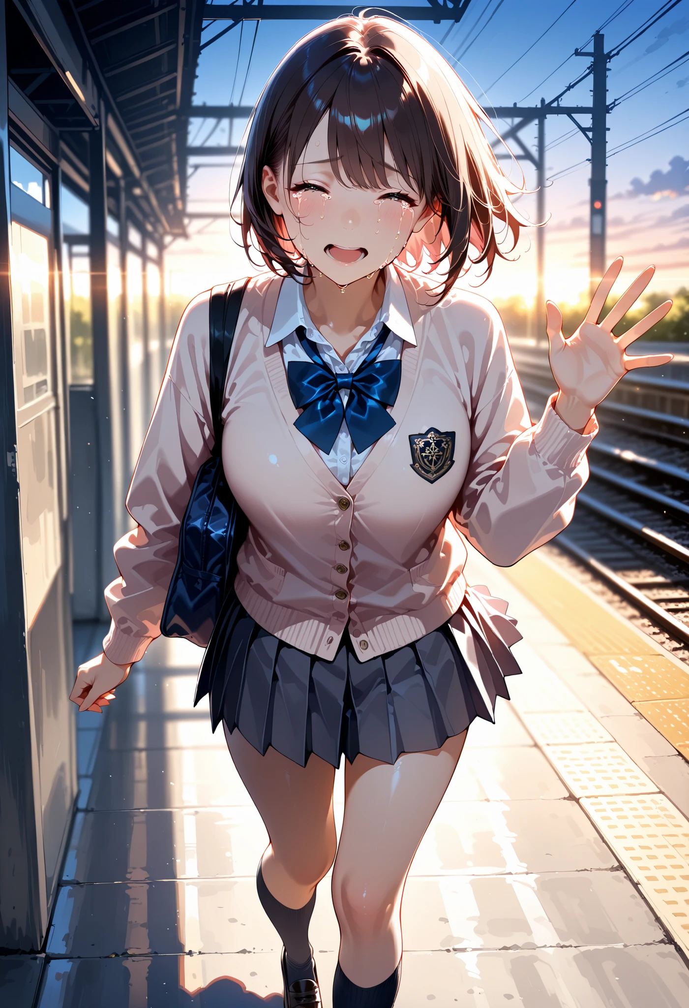 ((from above:0.5)), She is on the station platform. (((She is running while waving her hands and crying.))), 1 girls, beautiful japanese woman, crying, ((The background is evening.)), High Definition, masterpiece, Accurate, top quality, High Definition model, high detail, beautiful detailed, beautiful hair, high resolution, 32K, realistic rendering, (Masterpiece, Hi-res: 1. 2), ultra-realistic details, (((anatomically correct))), (((5 fingers))), perfect body, ((Pupil details:1.6)), High Definition, masterpiece, Accurate, top quality, High Definition model, high detail, background blur, gives depth and openness to scene, depth of field, high resolution, Adds depth and openness to scene, Depth of field, Background blurring, energetic composition, cinematic light hkstyle, Dynamic lighting, HDR, school uniform, cardigan, cozy and casual with pastel colors, pleated skirt, and knee-high socks,