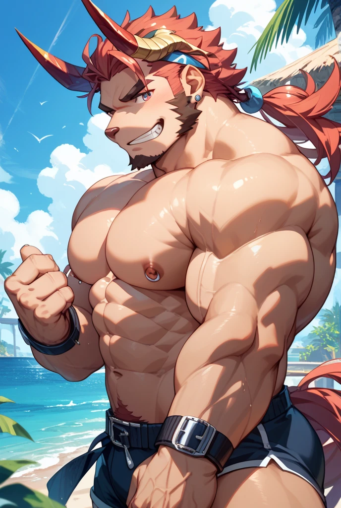 1boy, solo, male focus, looking at viewer, a young handsome huge muscular boy, gigachad, 300 lbs, male model, kirishima eijiro, red eyes, red hair, large detailed eyes, detailed face, smooth hair, detailed skin, tiny thong, shirtless, pantless, big bulge in the crotch, bulge, huge bulge, huge nipples, dark nipples, protruding nipples, huge muscle, blushing, intimidating, glowering, confident, focus, furrowed eyebrows, grinning, white sharp teeth, smug, sweating, training, practicing martial arts, punching, raw power, raw strength, outdoors, various poses, aesthetics, perfect hands, ansatsu kyoushitsu artstyle, sexy and cute