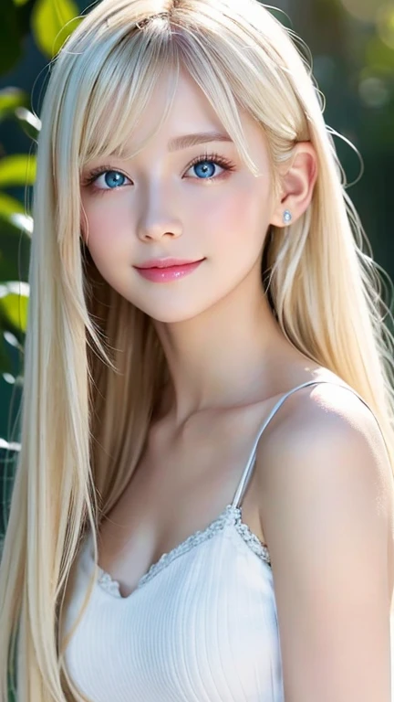 Poor breasts、Silky Skin and Glowing Cheeks、A very beautiful and adorable 20 year old girl、((Long bangs that reach under the nose and between the eyes,,,))、Beautiful and cute young woman with very long hair, Silver, silky platinum blonde hair、Very beautiful pale yellow eyes shining、Bright expression、Summery clothes、Poor breasts、