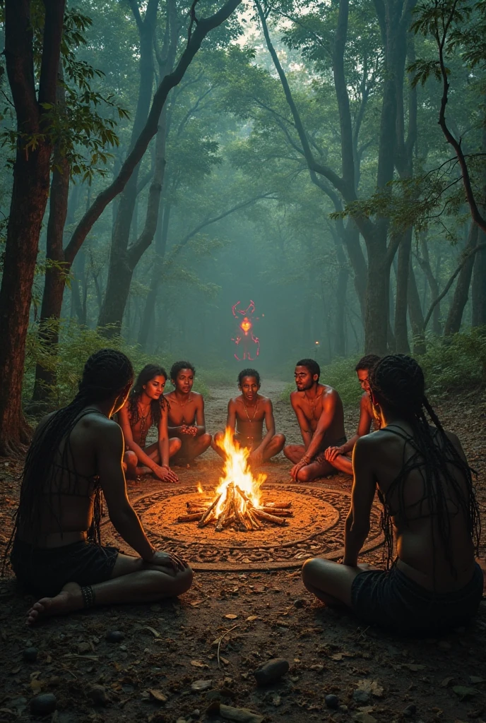 A dense forest at night, lit only by the light of a campfire. Ngungunhane is meeting with his advisors, with a tense atmosphere. One of the counselors, with a furtive glance, watch out, where Portuguese warriors hide."