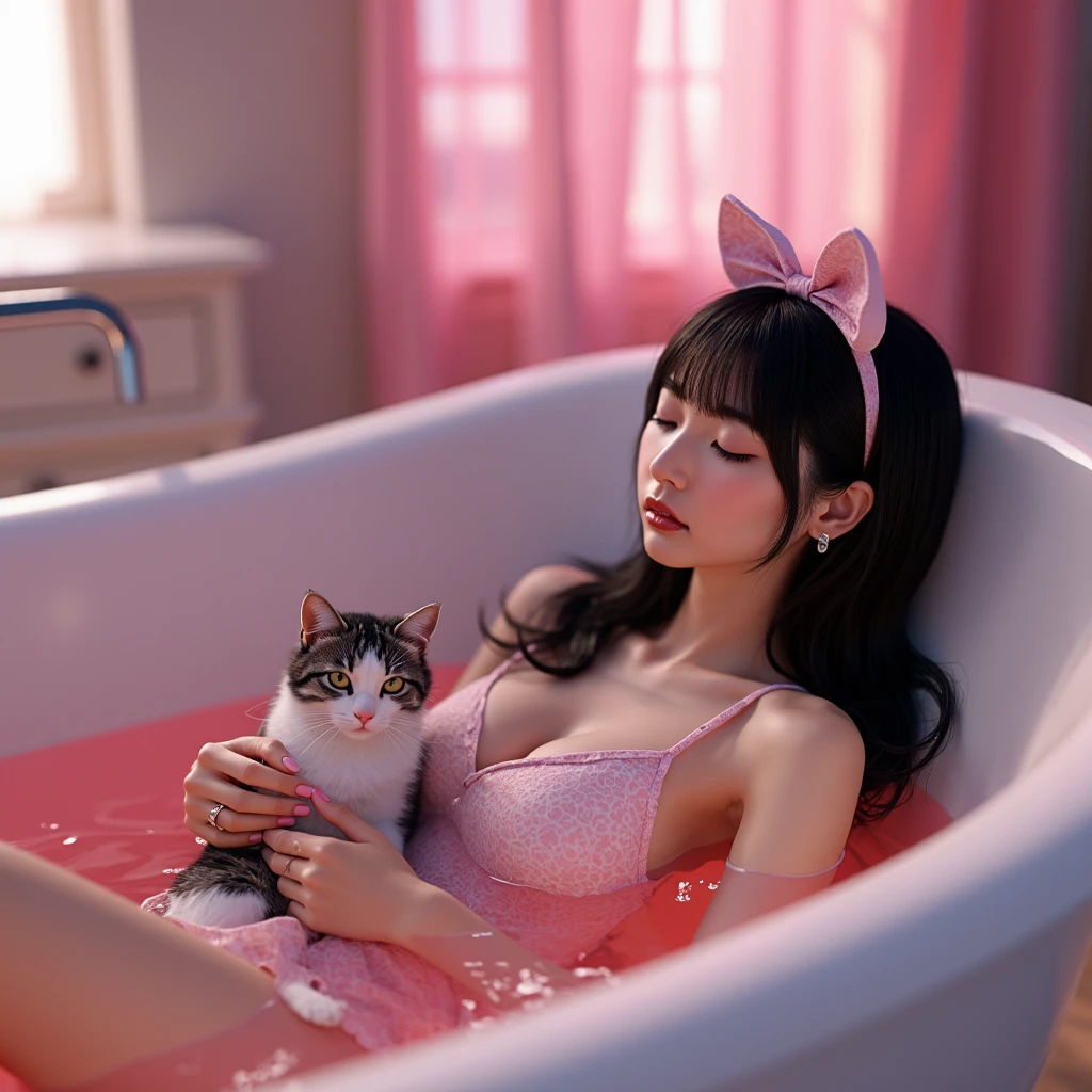 Xiaorou SeeU, age 20, in an adorable sexy cat girl, big eyes, naked, acting adorable playing with bubbles, she is enjoying a bubble bath leg up on side of tub, bathroom with bubble bath in tub, soap suds cover nsfw content