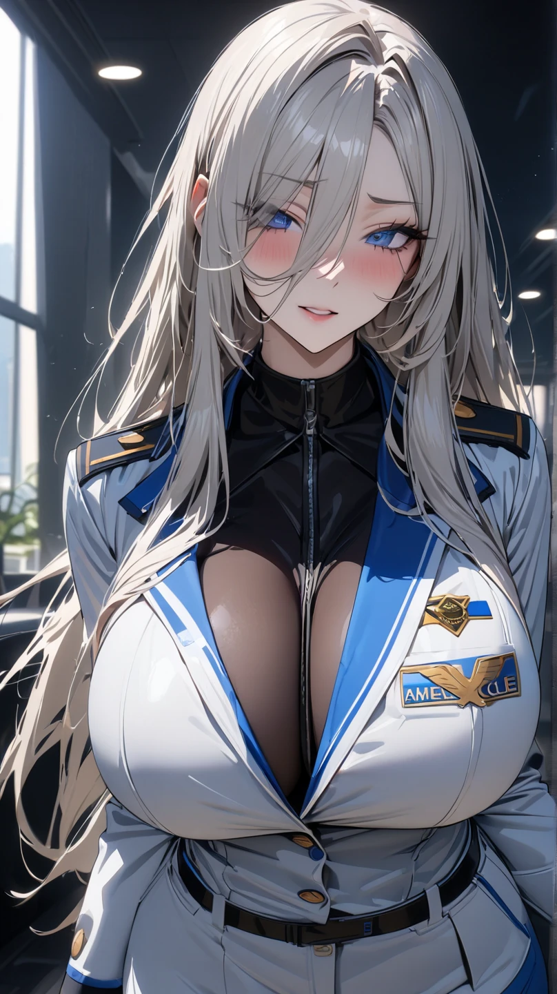 air force lady in the seat of a f-22 fighter jet in the sky, professional, wearing a professional jet fighter uniform, gigantic breasts, cleavage, makeup, full flight gear, masterpiece, HD, high quality, SFW, erect nipples, angled POV