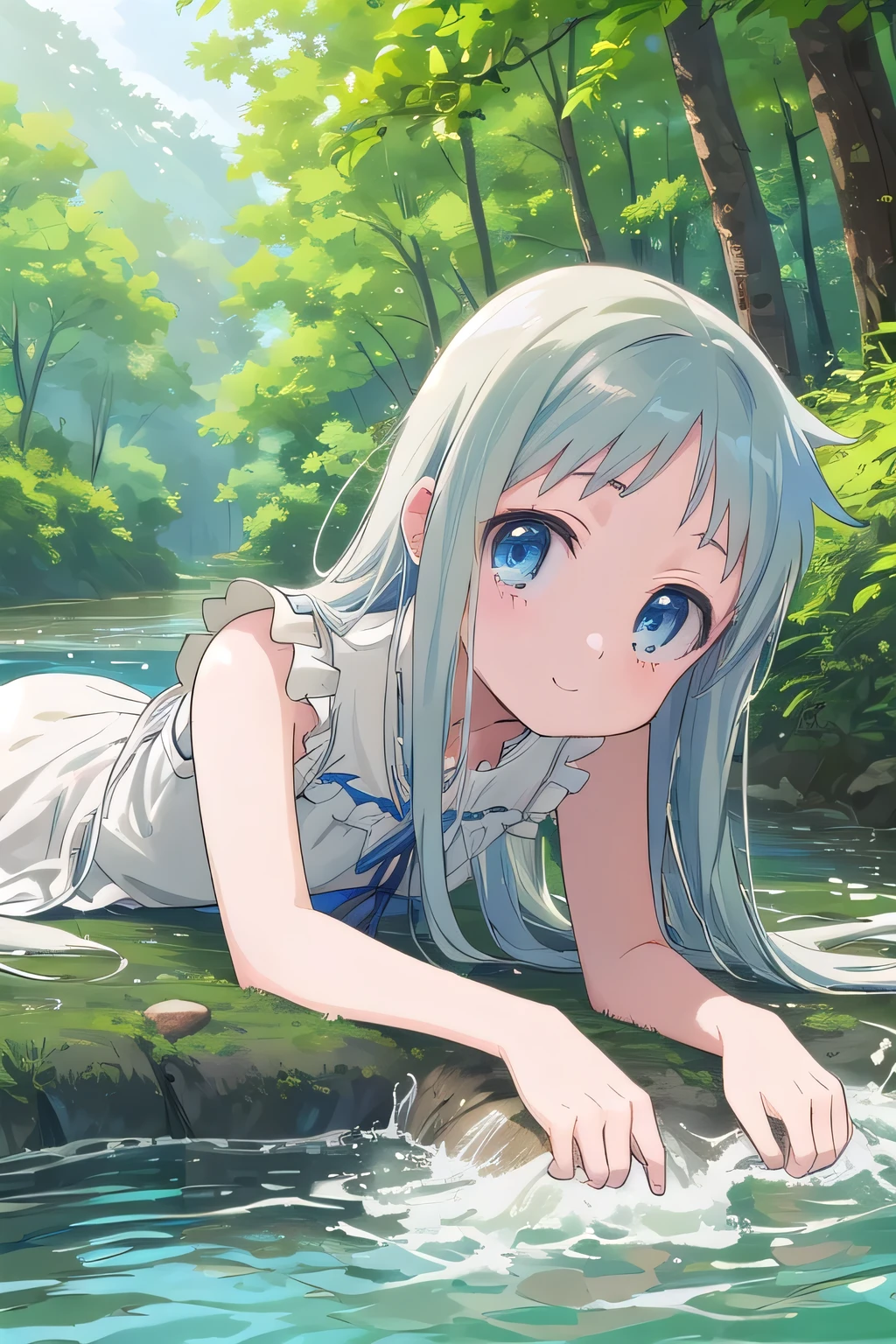 ((top quality)), ((masterpiece)), (Details), 1 girl。meiko honma, long hair, blue eyes, sleeveless dress。forest,river,((play in the river, lying on stomach,enjoy))。