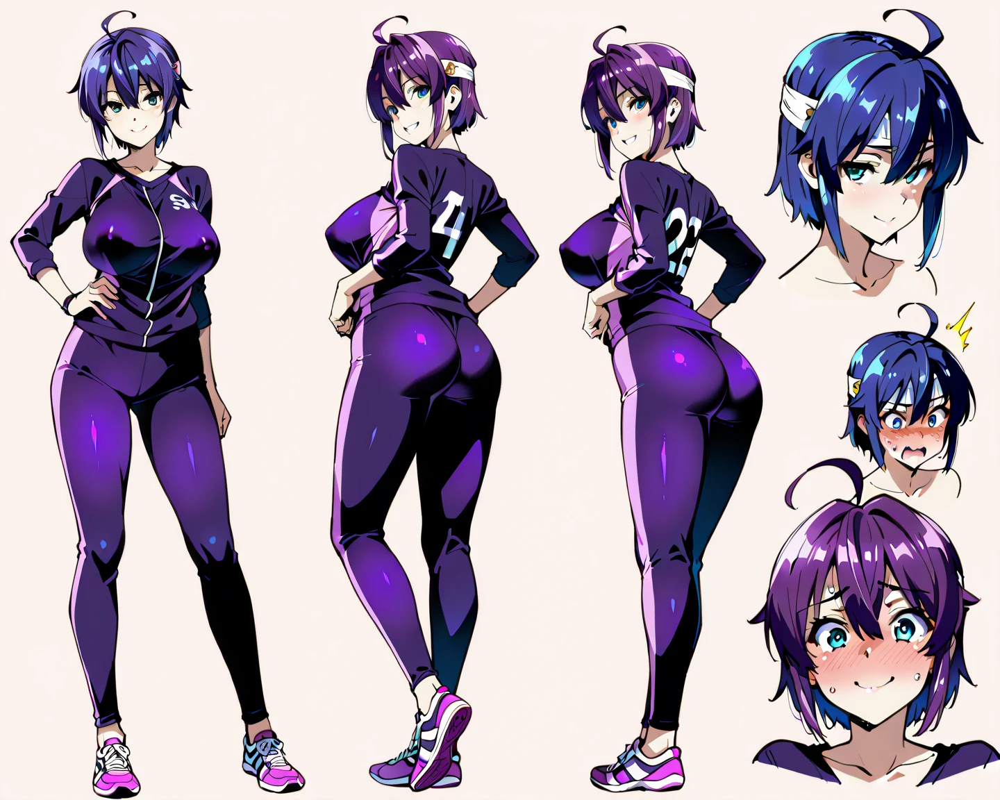 ((My Hero Academia Style)), ((Bibi)), ((Brawl Stars)), purple cropped jacket, black tight leggings, short orchid tank top, exposed abdomen, abs, wide hips, wide thighs, medium breasts, blue hair, (full body photo:1.5), (full body photo:0.5), (High resolution)), ((concept art of character)), ((Character Design Sheet)), (Same role), (frontage), (Lateral face), (on back), ((three sided view)), ((multiple views)), (((perfect anatomy))), (((perfect hands))), (((super detailed))),