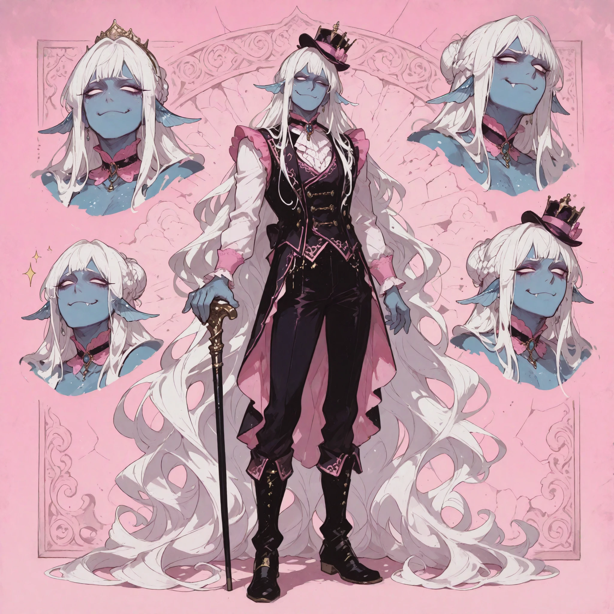 full body illustration, break, portrait, design sheet, multiple drawings, expression sheet, break, bust illustration, break, detailed illustration, break, standing, cruel smirk, closed off posture, 1 ((man)), naiad, no pupils, absurdly long wavy white hair, fanged bangs, crown braid, braided bun, mini top hat, blue skin, white freckles, (merman ears), pink ((gothic)) regency fashion, long eyelashes, black regency boots, waistcoat, (((long))) skirt, ((legs)), pants, cane, (((handsome))), (((masculine))), ((manly,)) sharp lines, rounded shapes, ultra quality, HDR, 8k, kawaii, cel shading, amazing composition, fancy paper background