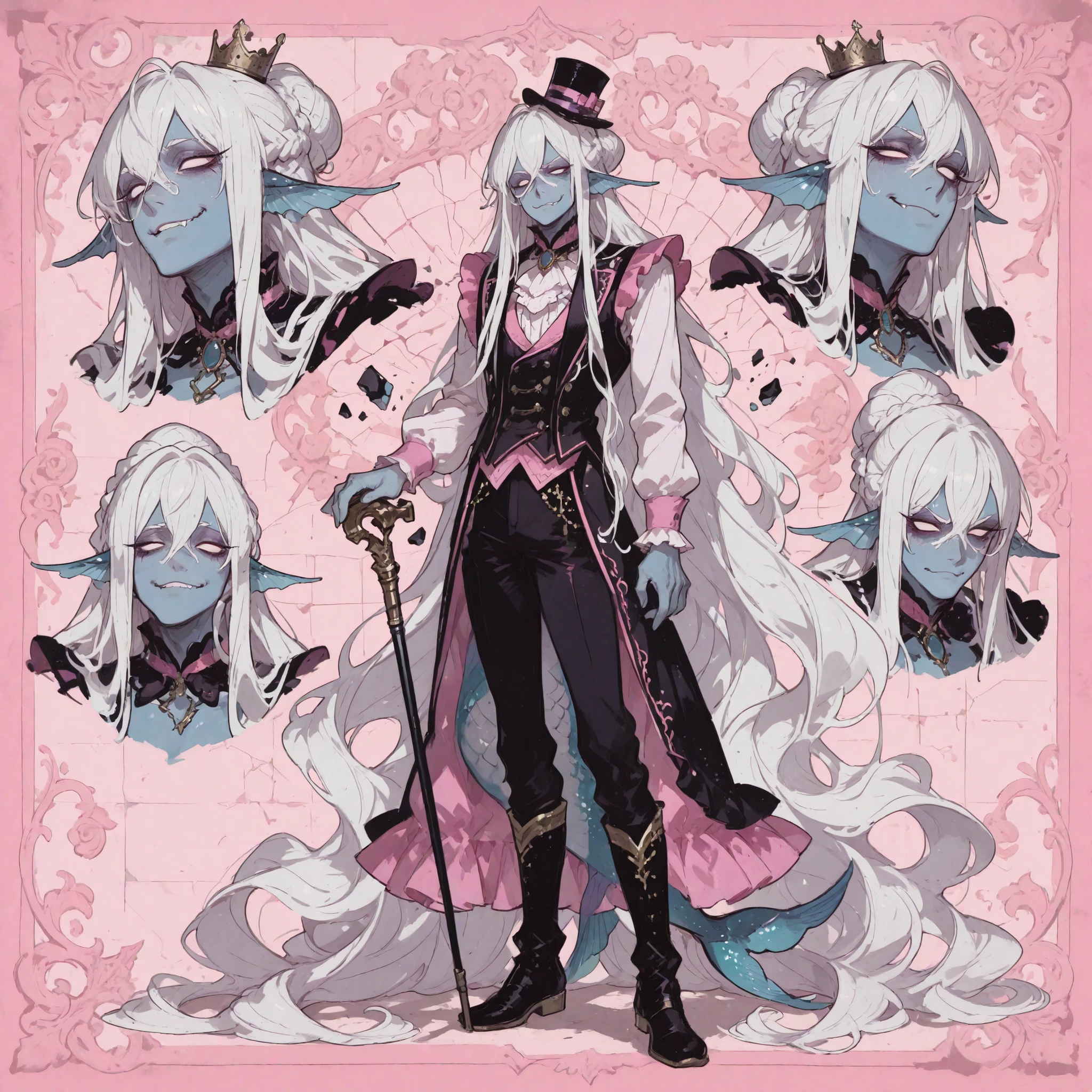 full body illustration, break, portrait, design sheet, multiple drawings, expression sheet, break, bust illustration, break, detailed illustration, break, standing, cruel smirk, closed off posture, 1 ((man)), naiad, no pupils, absurdly long wavy white hair, fanged bangs, crown braid, braided bun, mini top hat, blue skin, white freckles, (merman ears), pink ((gothic)) regency fashion, long eyelashes, black regency boots, waistcoat, (((long))) skirt, ((legs)), pants, cane, (((handsome))), (((masculine))), ((manly,)) sharp lines, rounded shapes, ultra quality, HDR, 8k, kawaii, cel shading, amazing composition, fancy paper background