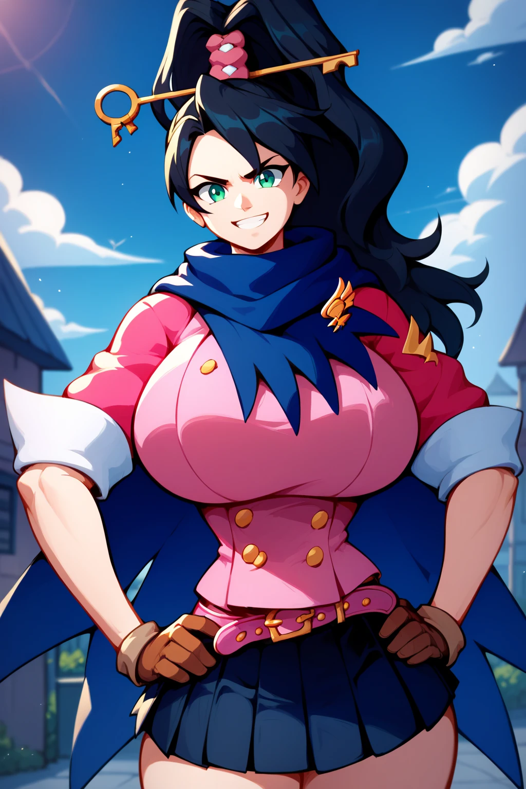 <lora:IFII_Matilna_MSV1:0.8>,ifmatilna,maturefemale, red hair,hair updo,lips, cleavage,cape,adventure gear, gradient background,warm colors