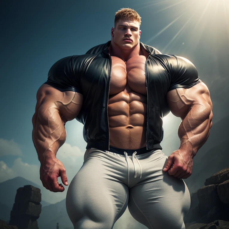 full body view, one white european male bodybuilder flexing his massive big bulbous over-inflated triple-biceps. Handsome with blonde undercut clean shaved haircut . extremely over-blated and over-inflated bodybuilded. One arm raised flexing incredibly over-inflated triple-biceps bigger than his head. Posing in front of a waterfall. Broad well developed wide shoulders and absurdly over-inflated over-bloated round pecs Well defined abs. Thick muscular legs. Wearing only white transparent sheer tights with white sheer socks