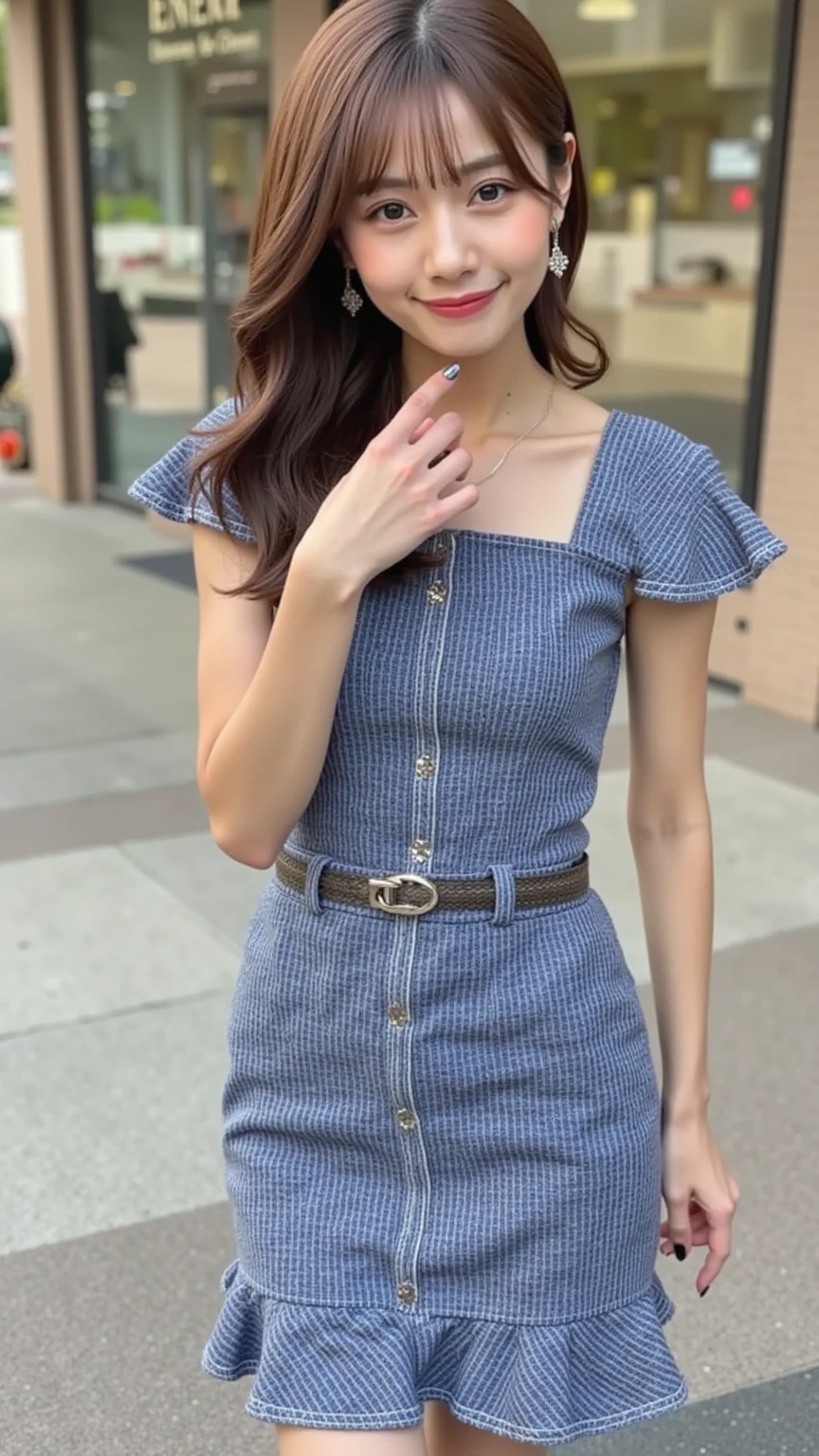 (((32k image quality))), (((RAW Photos))), (Highest quality, detailed:1.2), Photorealistic, (非常に繊細でdetailed), (((((Ultra-high resolution))))), (((33 years old,, Taiwanese woman))), (((Tight waist))), One person, Elegant, Beautiful woman, Outstanding image quality,  非常にdetailedな顔, Perfect lighting, White skin, Curly Hair, A relaxed and fluffy atmosphere, ((smile)), Young and skinny gravure idol,  (((Sexy married woman))), ((Latest Cami Layering)),  ((Latest Damaged denim)), ((Street Snap:1.5)),