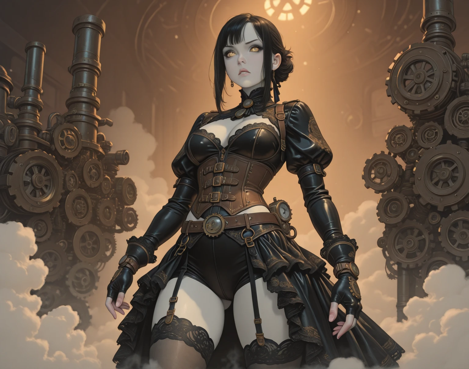 Neo-Surrealism, _Steampunk Girl Swinging_, boundary-pushing fusion of dreamlike abstraction and mechanical detail, _heavy chains binding_, _bold dark lines intertwining_ _loose lines revolving around_, a _dramatic turnaround character sheet_, an _obese mechanic_, _steampunk world's denizen_, _meticulously crafted gears jutting out_, _worn work clothes covering expansive figure_.