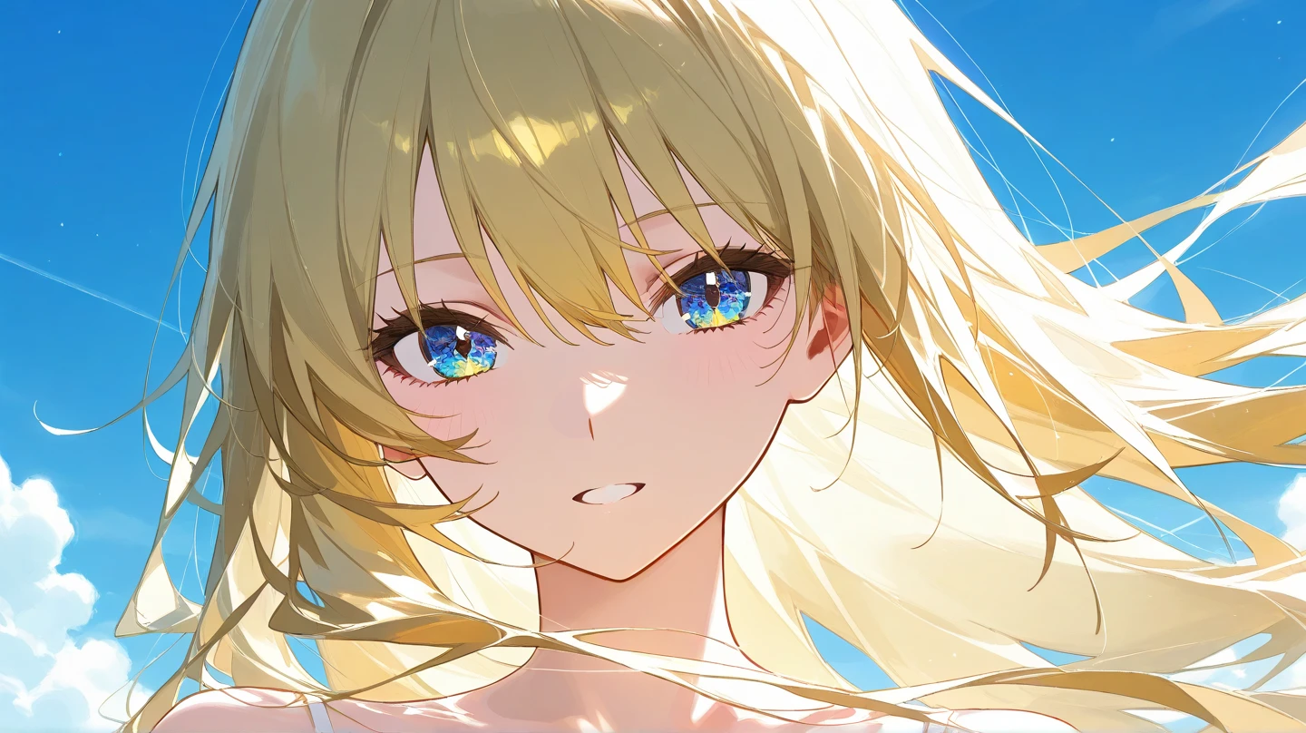 (muste piece), (best quality), very detailed eyes, expressive eyes, perfect face, very detailed face, highly detailed face, beautiful girl, 8K, beautiful girl, white background, delicate and beautiful face and eyes, dark intense shadow,
1 girl, vtuber style, cool girl, hololive, Kazama Iroha, straight hair, blond hair, kimono, small chest, clavicle, one eye close winking, smile, (whole body), standing, from back, looking back, sunrsing,