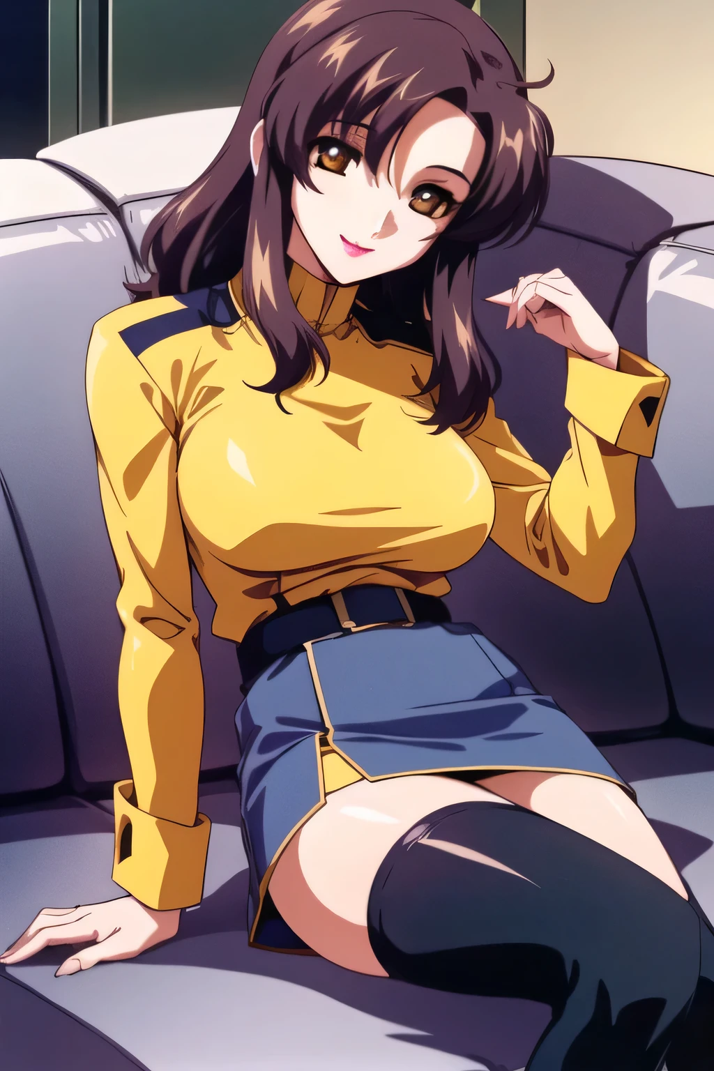 8k, (masterpiece: 1.4) (best quality: 1.4), (top quality), 1 girl, fayuri, black hair, black eyes, yellow dress, uniform, inside the spaceship, galaxy, window, interior, looking at the audience, unicorn focus, (shiny skin), steaming body, sitting on a sofa, bent jiro legs, leaking white panties, long riding boots, black stockings
