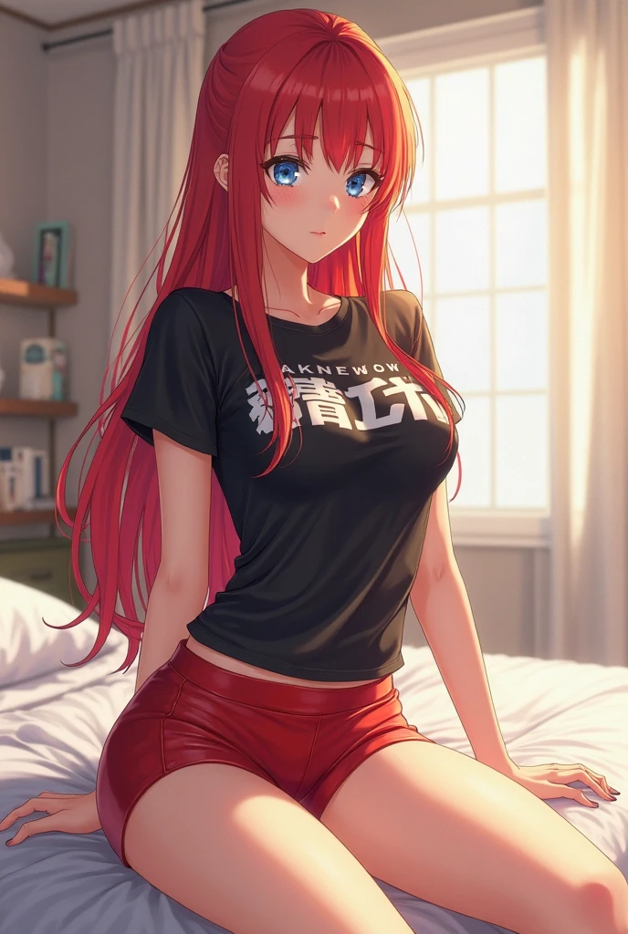 orange haired, black asian eyes, fit and sexy body, thin body, little anime girl, long hair, wearing black tshirt, black panties