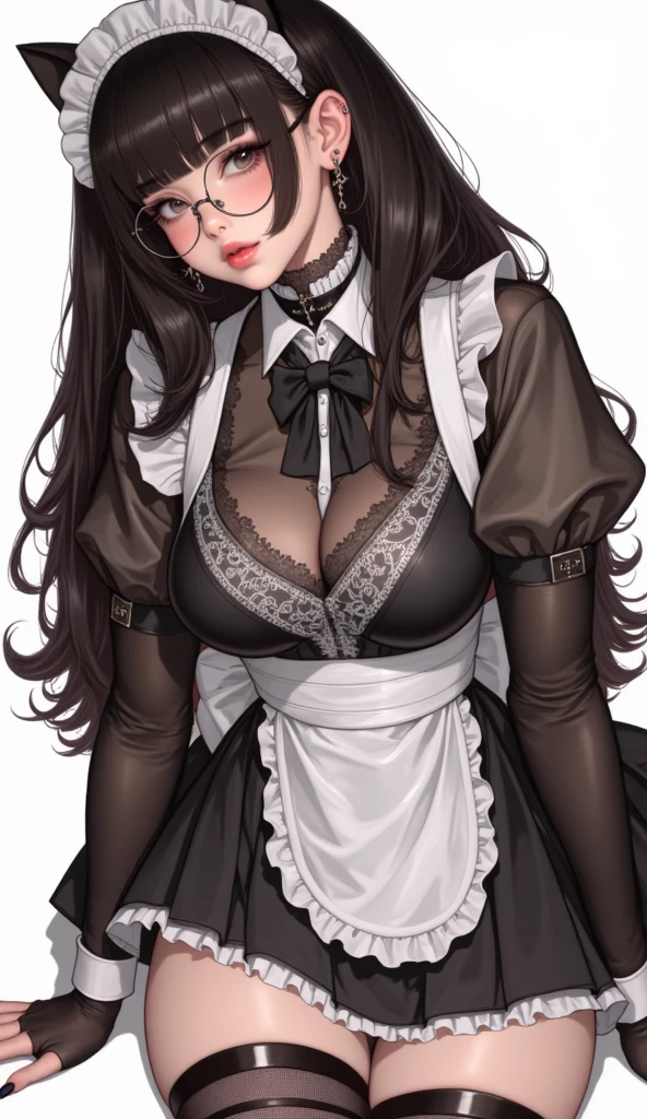 (Masterpiece, hiquality, absurdress) 1Woman, black hair, messy bun hair, Hair gathered in a ponytail, Green eyes, a perfect face, amazing body, big breasts, ((Best Quality)), ((Masterpiece)), (Detailed:1.4), Wavy Hair, , Detailed eyes and face, Designer home suit, Maid costume, cosplay, Clean up the house, High-heeledshoes