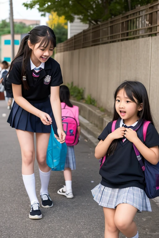 Japanese elementary school students,Wearing a black mini skirt,Squat with your legs wide apart,Small breasts,I'looking forward to it,Black Pantyhose,Panties in full view,Spread your legs in an M shape,Thick thighs,Very short skirt,Panties in full view