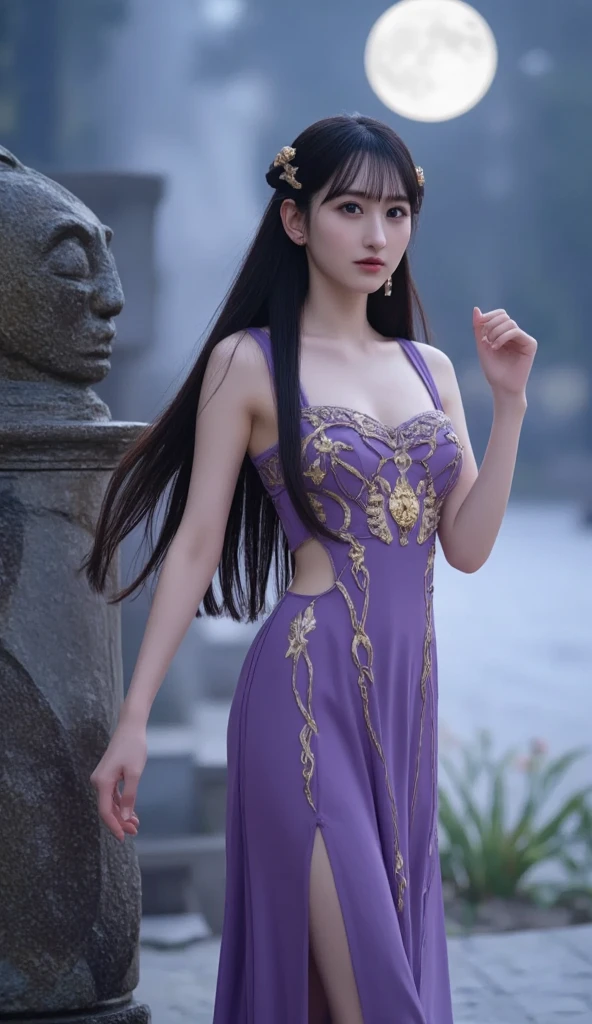 8K, ultra hd, masterpiece, best quality, a beautiful girl, long hair, impressive hairstyle, royal hair jewelry, jewellery earrings, antique jewellery, details eyes, beautiful eyes, meticulous makeup, thin eyebrows, beautiful lips, small breasts, royal dress, purple dress, realistic colors, magic effect, epic scenery, epicness background, perfect body, 