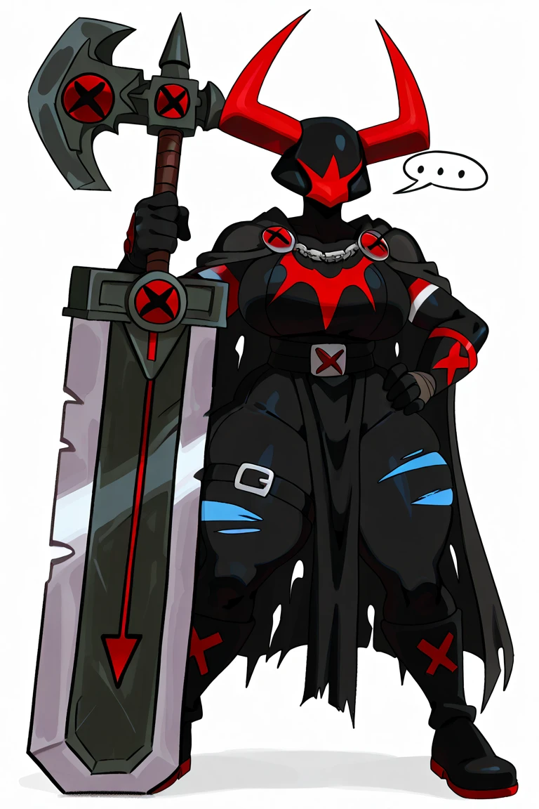 Female Stormvermin \(War Hammer)\, anthro, Sssonic2 art style, curvyc thicc, huge sword, half-torn cloak, hidden face, simple drawn one hand on hip, white background, few clothes