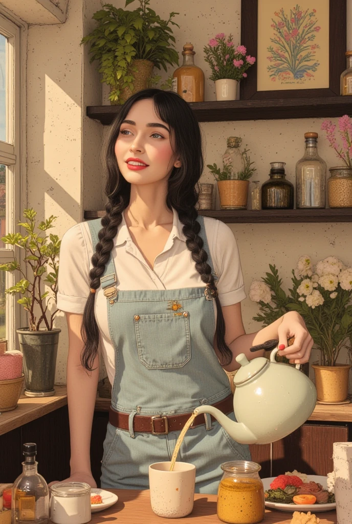 pre-raphaelite girl in ((1990s modern colorful clothes)) ((modern)) and a ponytail, repotting a plant in her backyard