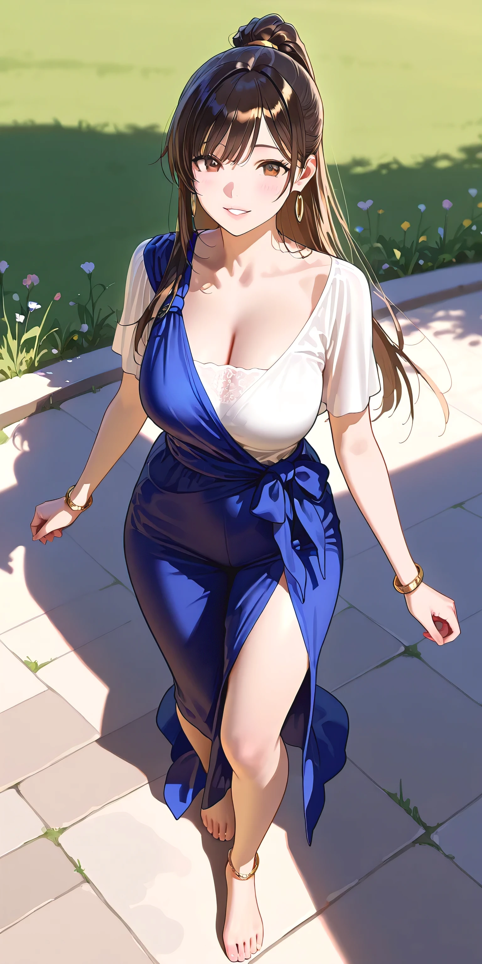 Masterpiece, newest, vibrant, very aesthetic, high contrast, beautiful girl, straight hair, high ponytail long hair, parted lips, smile, perfect body, big breast, saree, bracelet, anklet, bare foot, full body, walking, meadow, park, best quality, realistic face, realistic body, stunning visual cg, looking at viewer, cowboy shot, view from above
