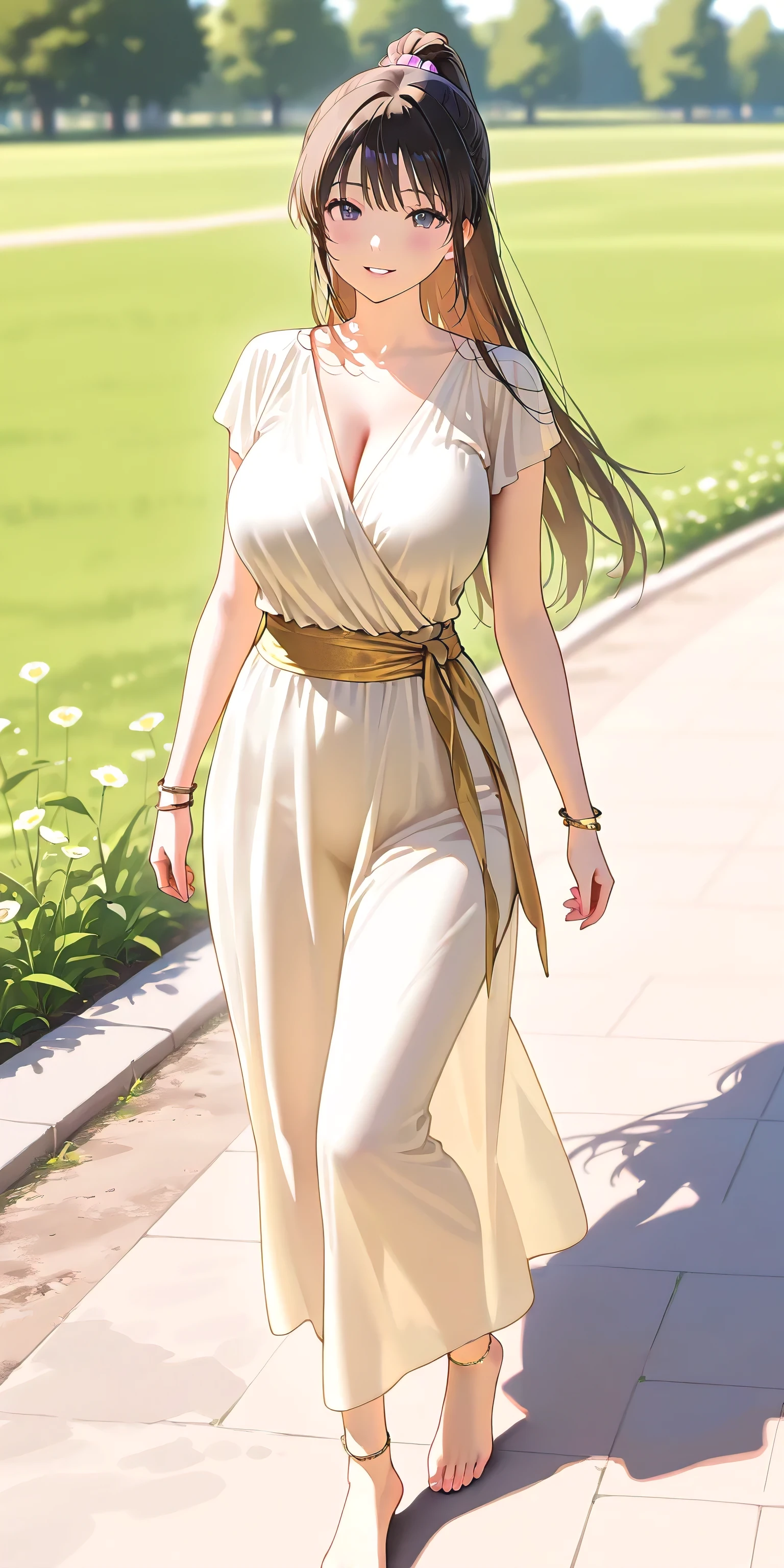 Masterpiece, newest, vibrant, very aesthetic, high contrast, beautiful girl, straight hair, high ponytail long hair, parted lips, smile, perfect body, big breast, saree, bracelet, anklet, bare foot, full body, walking, meadow, park, best quality, realistic face, realistic body, stunning visual cg, looking at viewer, cowboy shot, view from above