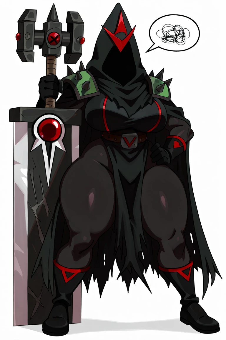 Female Stormvermin \(War Hammer)\, anthro, Sssonic2 art style, curvyc thicc, huge sword, half-torn cloak, hidden face, simple drawn one hand on hip, white background, naked