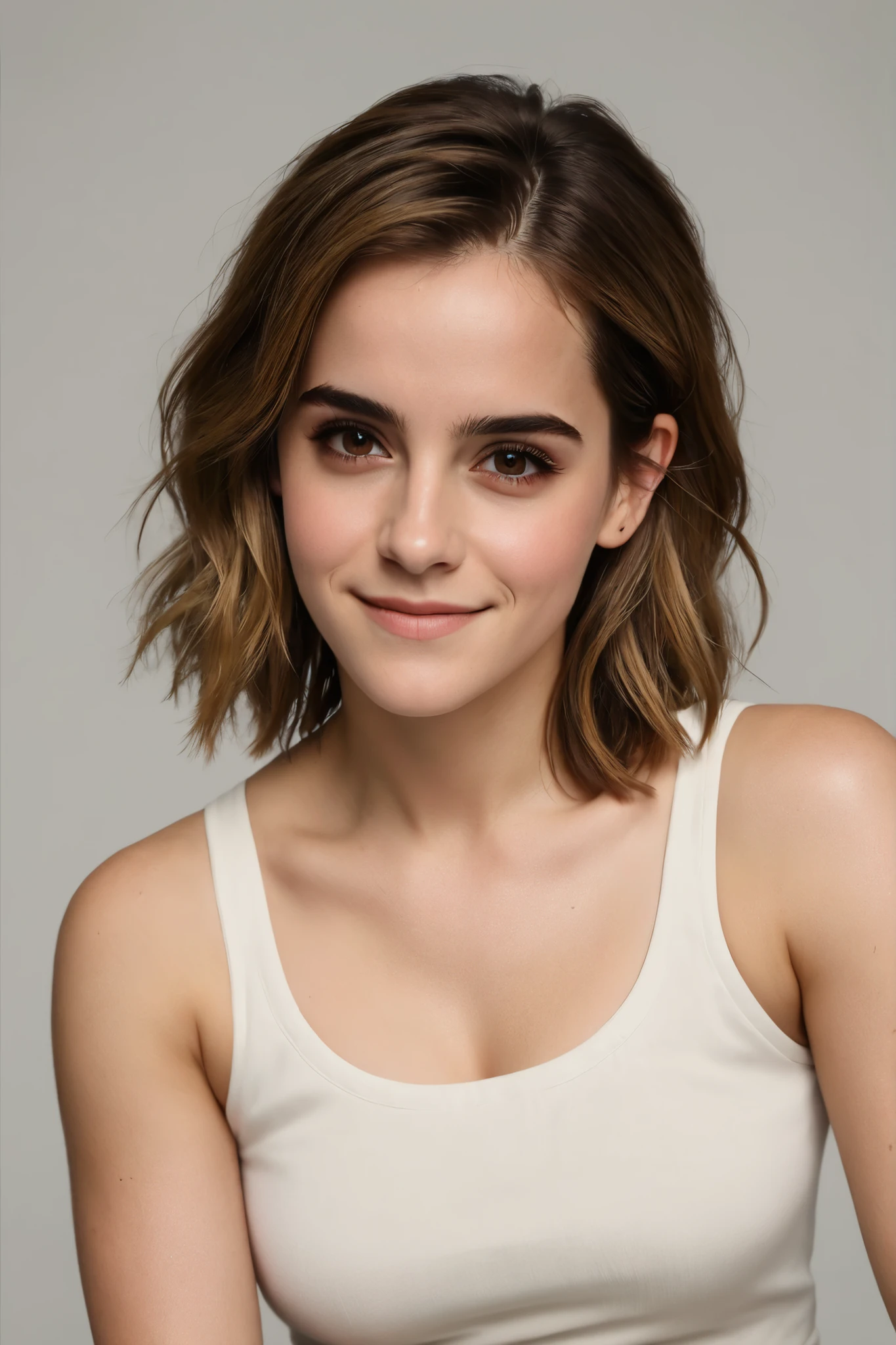 1girl, ((upper body, looking at camera)), Emma Watson, ((Looking interested!! Looking amused!! Smug. Wicked grin)). (Seated, facing camera). Masterpiece, top quality, best quality, beautiful eyes, perfect eyes, muscular, attractive, crop top.