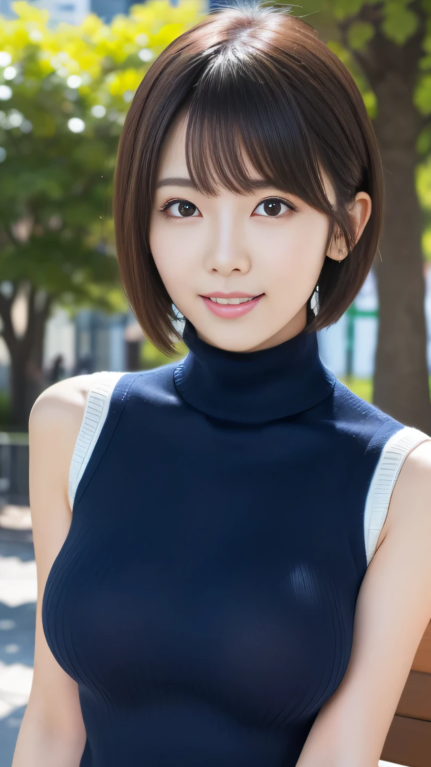 (highest quality、Tabletop、8k、Best image quality、Award-winning works)、1 female、(Perfect sleeveless turtleneck knit sweater dress in random colors:1.2)、(Straight Short Hair:1.1)、(Baby Face:1.2)、The biggest smile looks at me、(Big Breasts:1.6)、Exactly、(Accentuate your body lines:1.1)、(Slender body:1.1)、Side angle、優雅で美しい公園にStanding Elegantly、Strongly blurred park background、(Standing Elegantly:1.2)、Natural Makeup、Ultra-high definition beauty face、Ultra HD Hair、Ultra-high definition sparkling eyes、(Ultra-high resolution glossy skin:1.1)、Ultra-high quality glossy lips、(Accurate ???????:1.1)