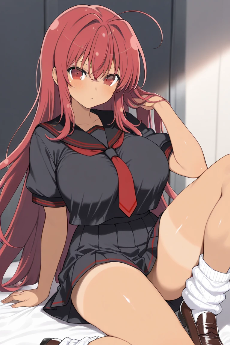 (masterpiece, best quality, very aesthetic, absurdres, ultra-detailed:1.2), baobhan sith \(fate\), fate/grand order, red hair, long hair, large breasts, (school uniform), white shirt, pink bowtie, black skirt, pleated skirt, white panties, (panties aside), loafers, embarrassed, tears, blush, standing on one leg, leg up, standing split, full body, simple background, (1boy, faceless male, standing sex, vaginal penis), nsfw