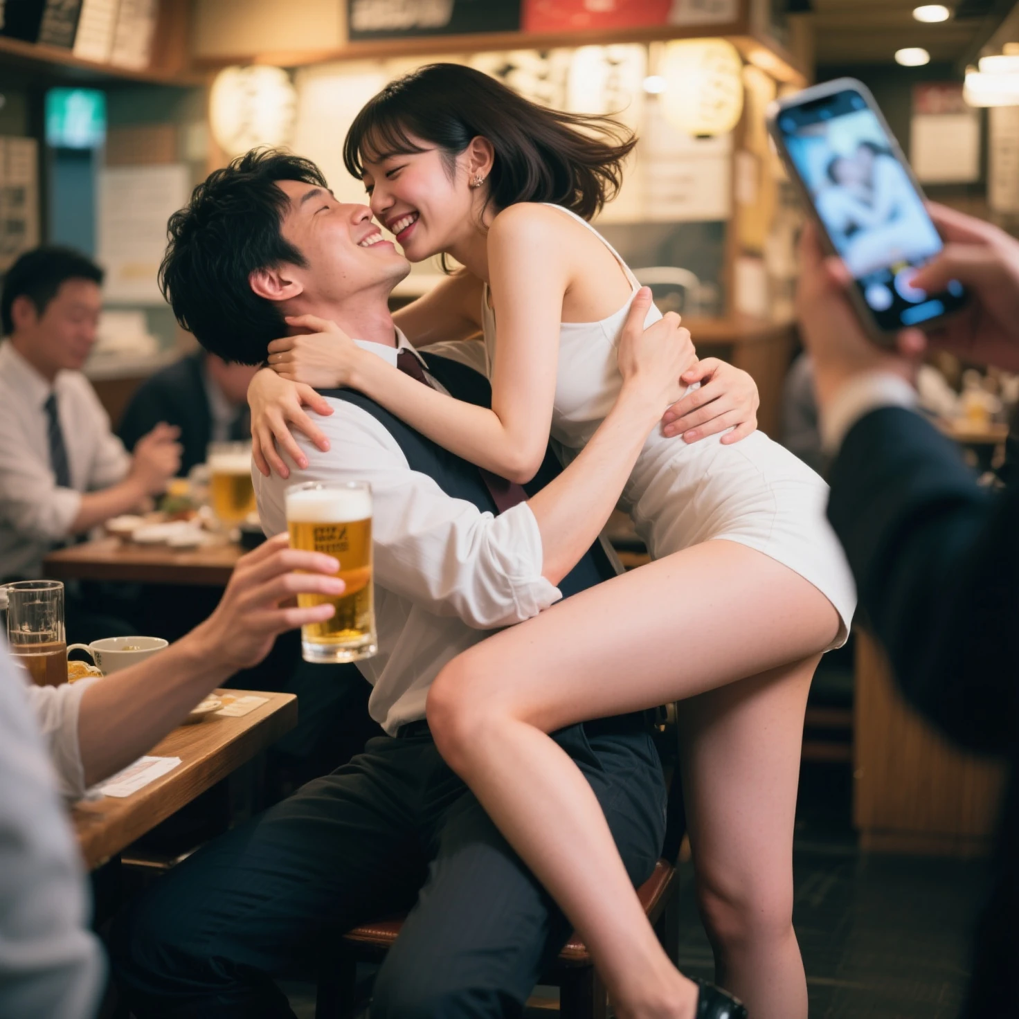 1 male、1 female，Very large bust and tight waist, And a beautiful Japanese woman with very big hips..，Japanese man of medium height，Photo from the side，Naked woman squatting with legs wide open，a naked man stands in front of a woman、Facing each other、Naked man showing off his erect crotch ，A man should not hide his erect crotch，The man&#39;s erect crotch is thick, big and hard，Naked woman staring at man&#39;s crotch，古銭湯で1 male1 femaleのヌード。