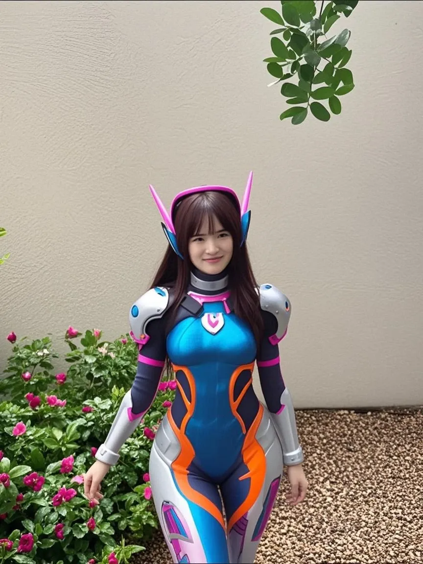 (ultra best quality、8K、masuter piece、delicate illustration、wetting hair、full body Esbian:1.1、A beautiful and bewitching Japanese 25-year-old woman、perspiring)、(Magenta and white metallic hero suit with a futuristic fit:1.3) 、(Very plump body:1.1、ultra gigantic tits:1.3)、smiling at the viewer、A dark-haired
