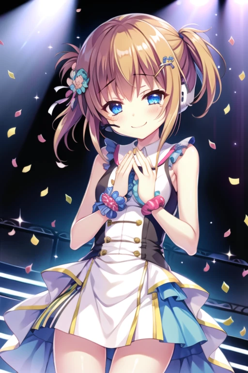 masterpiece, best quality, 1girl, shikimiya mana\(re:stage!\), ahoge, short hair, orange hair, blue eyes, clover hairclip\(shikimiya mana\), dress\(smsa\), star hair ornament\(smsa\), hat\(smsa\), one wrist cuffs\(smsa\), one wrist scrunchie\(smsa\), asymmetrical thighhighs\(smsa\), <lora:shikimiya mana V2.3-000016:1>