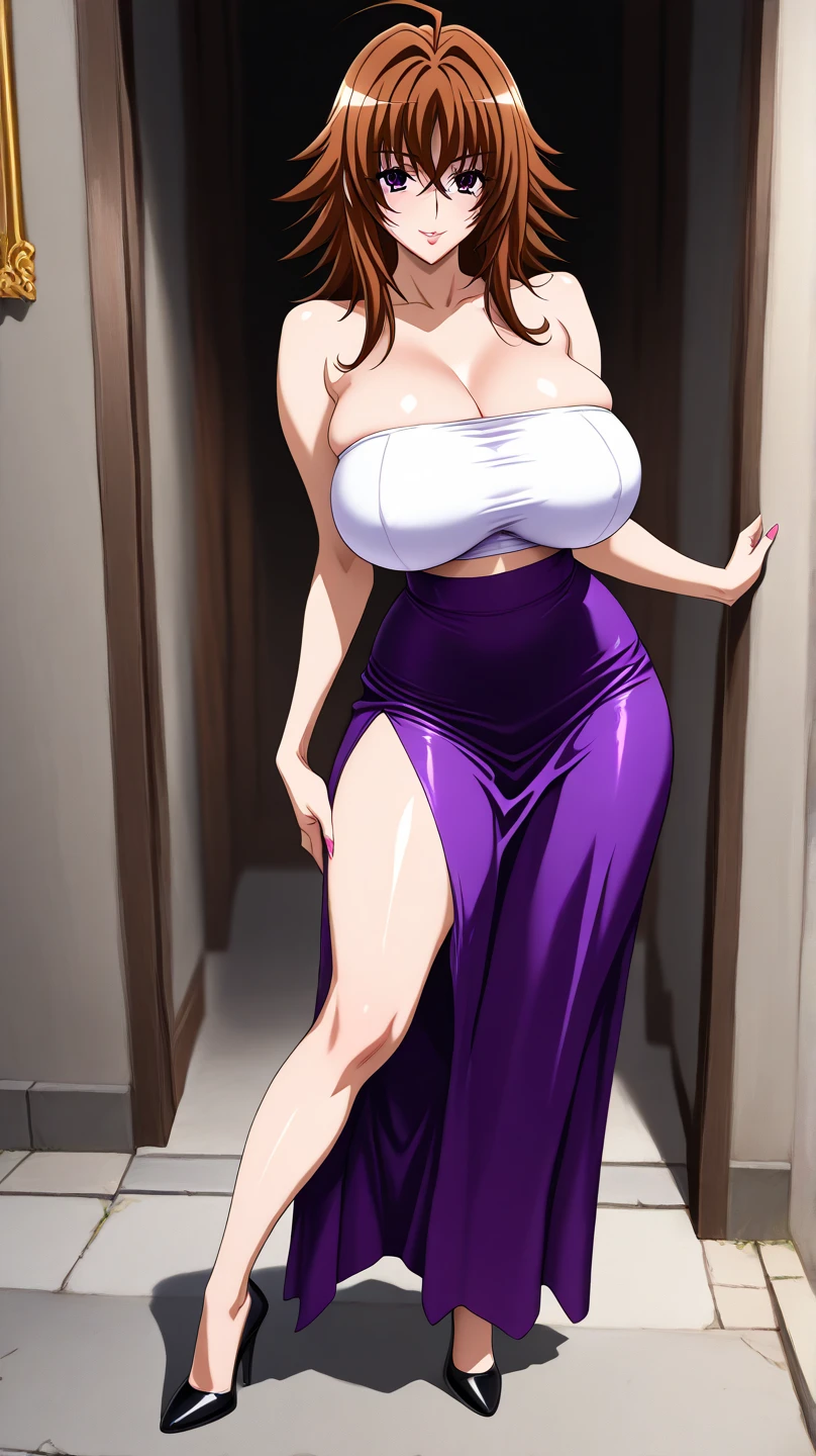 perfect eyes:1.2, detailed eyes:1.4, hall, smile, chandelier, medium hair, Kurayoshi_R, cleavage, large breasts, white dress, pelvic curtain, long dress, medium full shot, thigh-level shot, 1girl,(masterpiece:1.6, best quality),