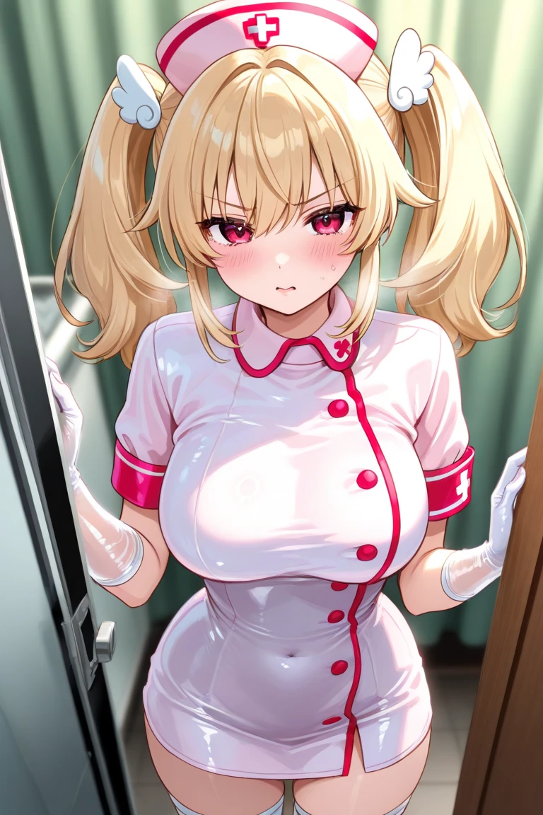 (Best Quality:1.5, High resolution, HD, 4k, detailed lighting, Shaders, perfect hand anatomy), straight blonde hair, busty, nurse costume, neckline, thighs, smiling, to throw, shooting they seek, standing, Hospital history