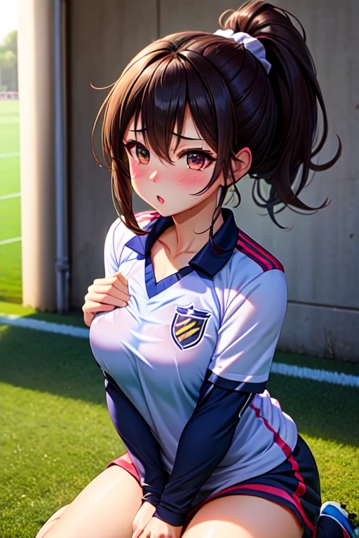 (masterpiece,highest quality,超A high resolution),Japanese women, (((Very beautiful 20 year old girl))), pretty girl、Look at the photographer､  ((Beautiful low ponytail)), Very cute face, Glossy Lips, Double eyelids on both eyes,Natural smile、 Natural Makeup, Long eyelashes, Shiny and smooth hair､Center image,  Perfect limbs, Perfect Anatomy,(((Soccer uniforms)))、sexy,(Wet with sweat),, (visible nipples:0.8), (camel toe:0.5),