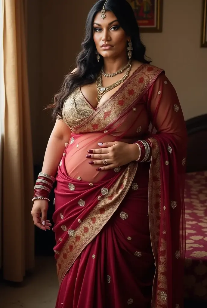 Hot sexy beautiful Busty Big boobies Traditional Bangladeshi bengali Hijabi Muslim Milf covering her head with Hijab wearing Saree and a waist chain around her belly. Navel visible 