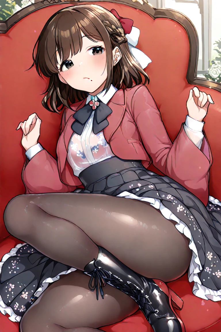 haru okumura, (brown eyes:1.5), brown hair, short hair, black thighhighs, black footwear, layered sleeves, loafers, long sleeves, pantyhose, pink sweater, plaid, plaid skirt, pleated skirt, print pantyhose, ribbed sweater, , shoes, short over long sleeves, shuujin academy , skirt, sweater, white pantyhose,in cafe,sitting sofa,frown