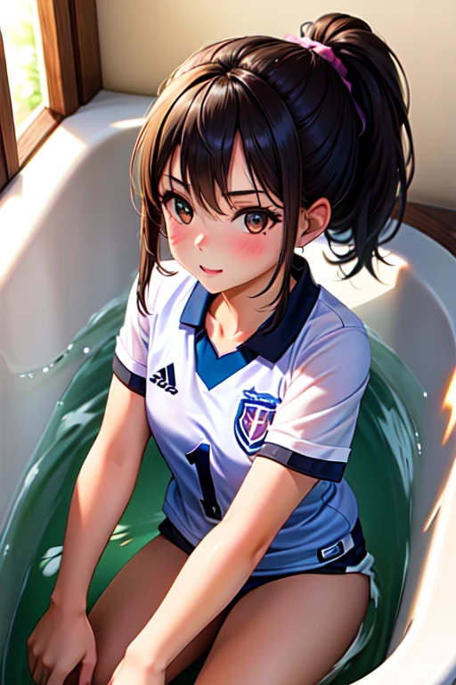 there is a woman standing in a bathroom with a blue shirt, a picture by Tadashi Nakayama, tumblr, shin hanga, wearing a volleyball jersey, wearing basketball jersey, taejune kim, seseon yoon, shin min jeong, jinyoung shin, heonhwa choe, kim hyun joo, jaeyeon nam, kimi takemura, ulzzang