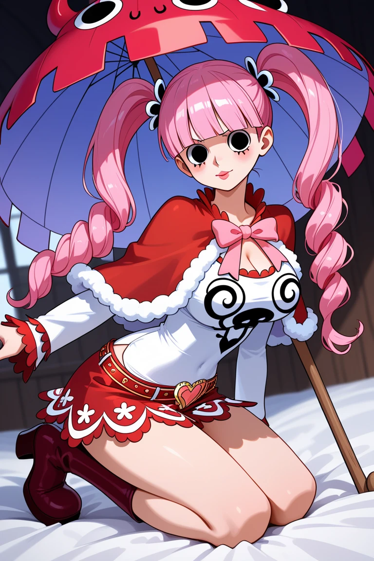 <lora:perona_v1:1.1>, cheems_perona_v3, smile, ghost, twin drills, red capelet, striped thighhighs, cleavage, large breasts, cowboy shot, crown, volumetric lighting, light particles , looking at viewer, blush, (disc-shaped eyes, black eyes), red skirt, smug, smirk, red parasol,