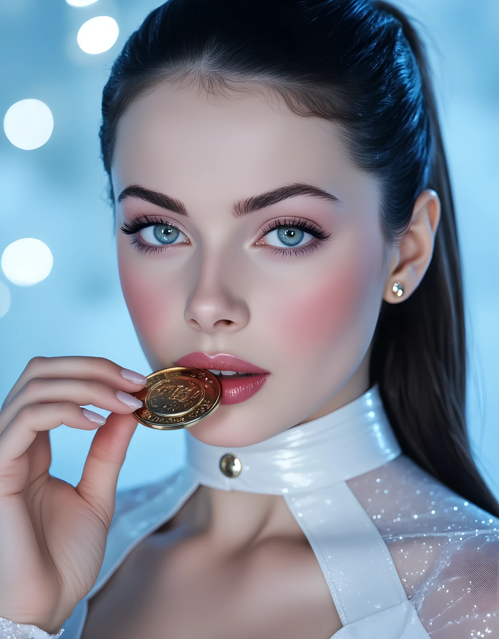 A young woman of supernatural celestial beauty, glowing porcelain rosy skin, lapis lazuli blue ethereal eyes, long black hair tied back elegantly, dressed in a sleek shimmering white ice queen skating suit, biting a gold medal with a confidant expression, snow sparkles in the background, ethereal winter light, dreamy icy blue tones, macro beauty portrait, cinematic hyperrealism, highly detailed face, DSLR lens, glowing icy breath, soft light on skin, frosted eyelashes, fantasy realism, masterpiece, 8K