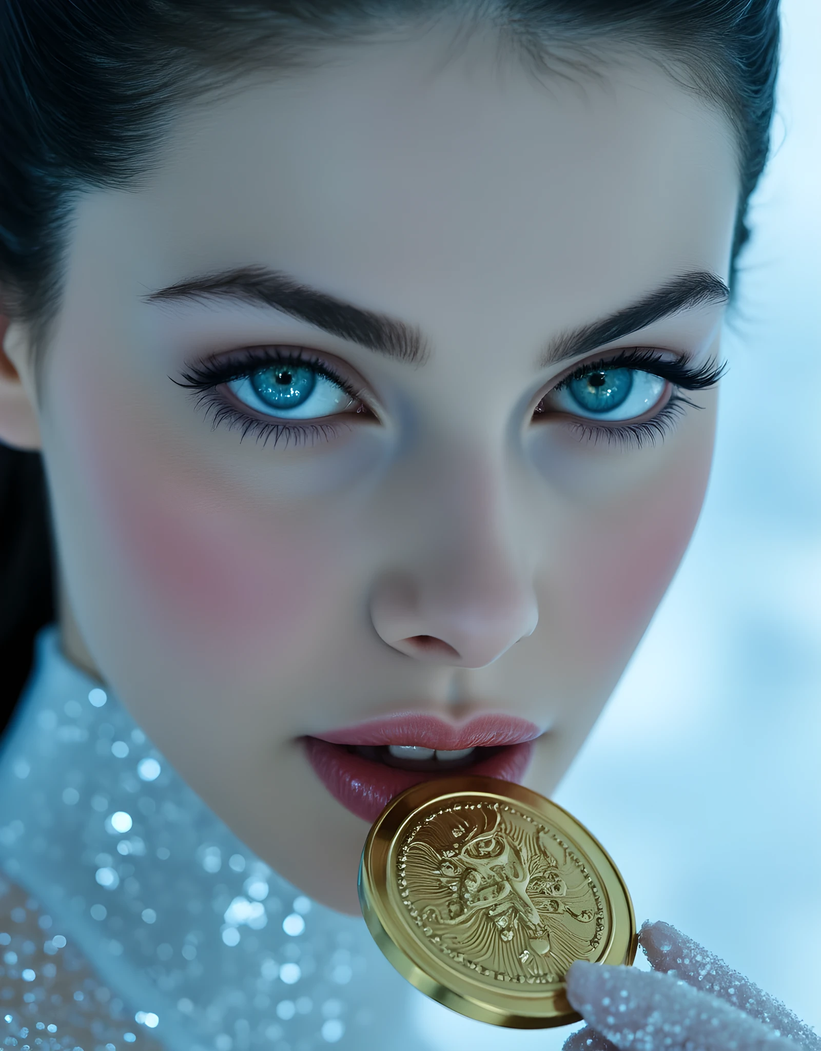 A young woman of supernatural celestial beauty, glowing porcelain rosy skin, lapis lazuli blue ethereal eyes, long black hair tied back elegantly, dressed in a sleek shimmering white ice queen skating suit, biting a gold medal with a confidant expression, snow sparkles in the background, ethereal winter light, dreamy icy blue tones, macro beauty portrait, cinematic hyperrealism, highly detailed face, DSLR lens, glowing icy breath, soft light on skin, frosted eyelashes, fantasy realism, masterpiece, 8K