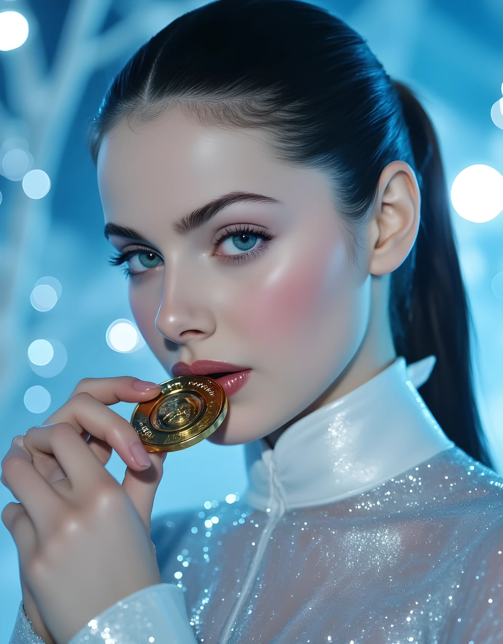 A young woman of supernatural celestial beauty, glowing porcelain rosy skin, lapis lazuli blue ethereal eyes, long black hair tied back elegantly, dressed in a sleek shimmering white ice queen skating suit, biting a gold medal with a confidant expression, snow sparkles in the background, ethereal winter light, dreamy icy blue tones, macro beauty portrait, cinematic hyperrealism, highly detailed face, DSLR lens, glowing icy breath, soft light on skin, frosted eyelashes, fantasy realism, masterpiece, 8K