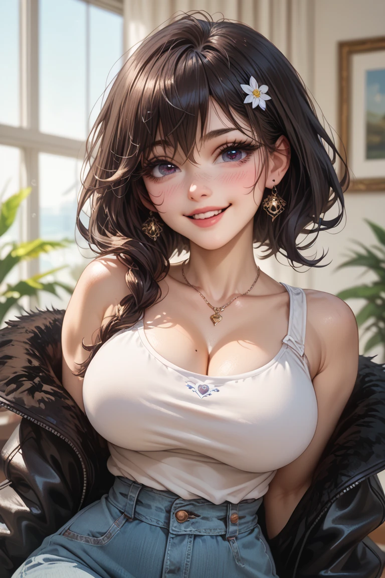 full body, thick curly hair, lustful eyes, open mouth smile, aroused 25 years old, playfully aroused, dripping with desire, busty cleavage, low cut spaghetti strap tank top , shorts, slim waist, leaning over the sofa, coy smile with open parted lips, (blushing:1.3), looking lovingly at the viewer, seductive eyes, facing the viewer, livingroom background, lying down (pov), glowing eyes, necklace, earrings, nsfw,