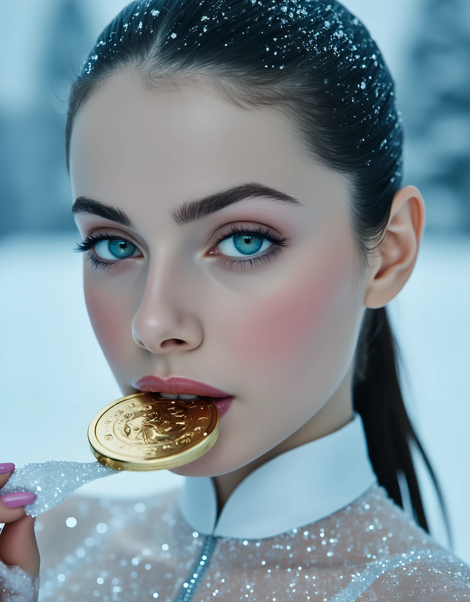 A young woman of supernatural celestial beauty, glowing porcelain rosy skin, lapis lazuli blue ethereal eyes, long black hair tied back elegantly, dressed in a sleek shimmering white ice queen skating suit, biting a gold medal with a confidant expression, snow sparkles in the background, ethereal winter light, dreamy icy blue tones, macro beauty portrait, cinematic hyperrealism, highly detailed face, DSLR lens, glowing icy breath, soft light on skin, frosted eyelashes, fantasy realism, masterpiece, 8K
