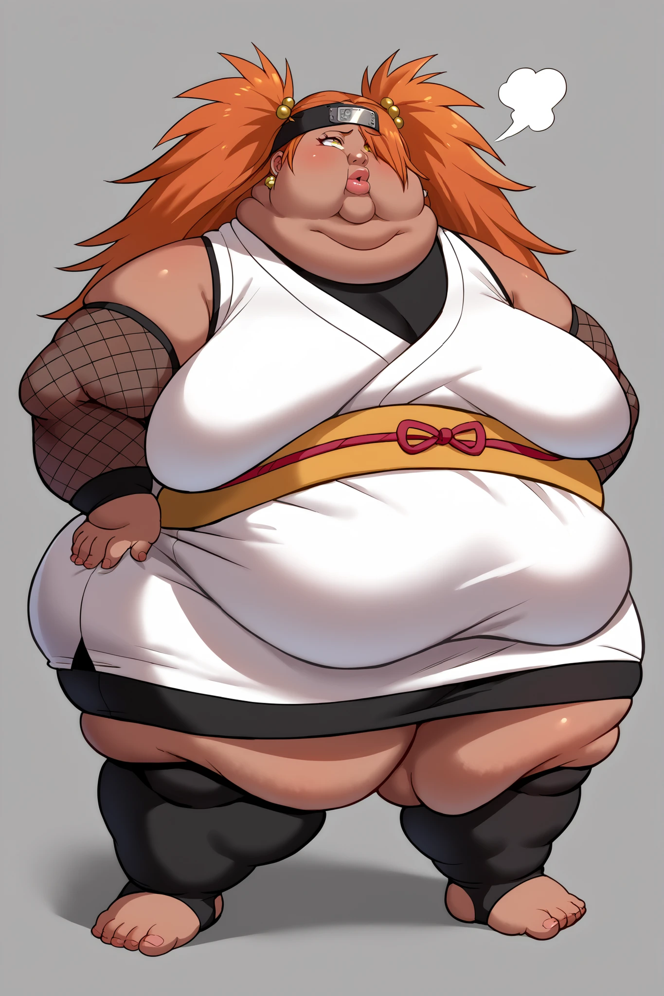 Fat_neck , Fat head , eyes with crushed cheeks , nose with crushed cheeks , mouth with crushed cheeks , chin roll , chubby, obesity, chubby, shortness of breath, Wide angle , Ultra-detailed illustration , masterpiece , top quality, fat, chubby, obese , score_9, score_8_up, score_7_up, score_6_up, score_5_up, score_4_up, source_anime, rating_safe, BREAK chouchou akimichi, 1girl, dark-skinned female, curvy, fat, orange hair, hair over one eye, two side up, long hair, yellow eyes, hair bobbles, white kimono, short kimono, sleeveless kimono, yellow obi, orange sash, fishnets, detached sleeves, black thighhighs, forehead protector, jewelry, earrings, giant hands, giant feet, fat, chubby, obese, gigantic arms and legs, gigantic breasts, sagging breasts, full body shot, fat face, chubby face, double chins, big lips,