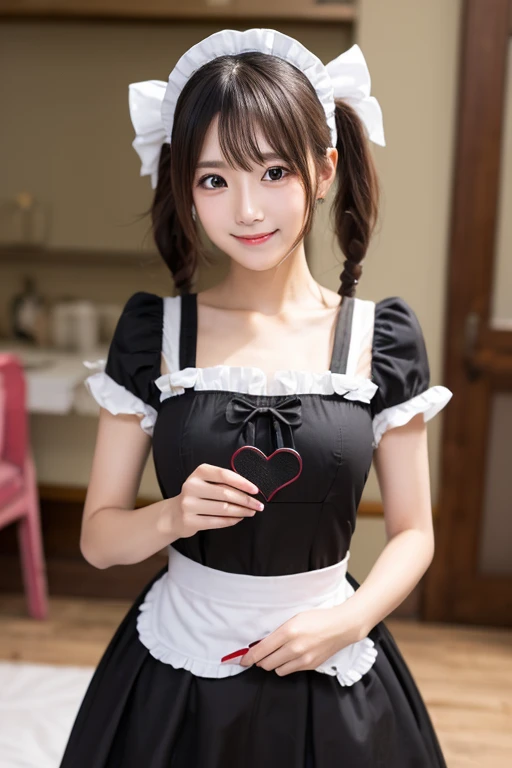 full body、contrasting、Large thighs, High-definition 8K raw photo, best movie quality,big breasts、short hair、smile、Real 、cute high school girl、Nogizaka Idol、big bust、 Sexy French maid outfit、no makeup、The girl is enveloped in three-dimensional light and shadow。, dolly zoom alley background