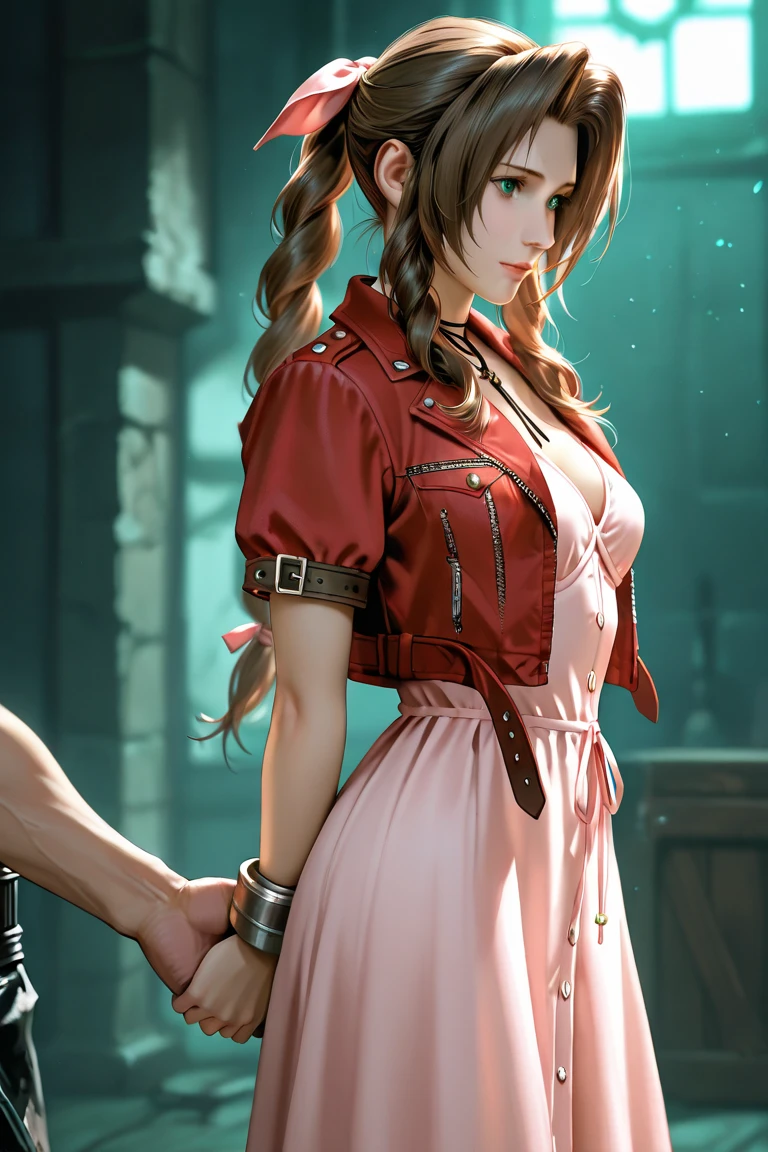 RAW, beautiful woman, (long brown, wavy hair), sexy figure, (masterpiece) (perfect proportion)(realistic photo)(best quality) (detailed) (8k) (HDR) (wallpaper) (cinematic lighting) (sharp focus) (intricate) aerith Gainsborough, pink dress, red denim crop jacket